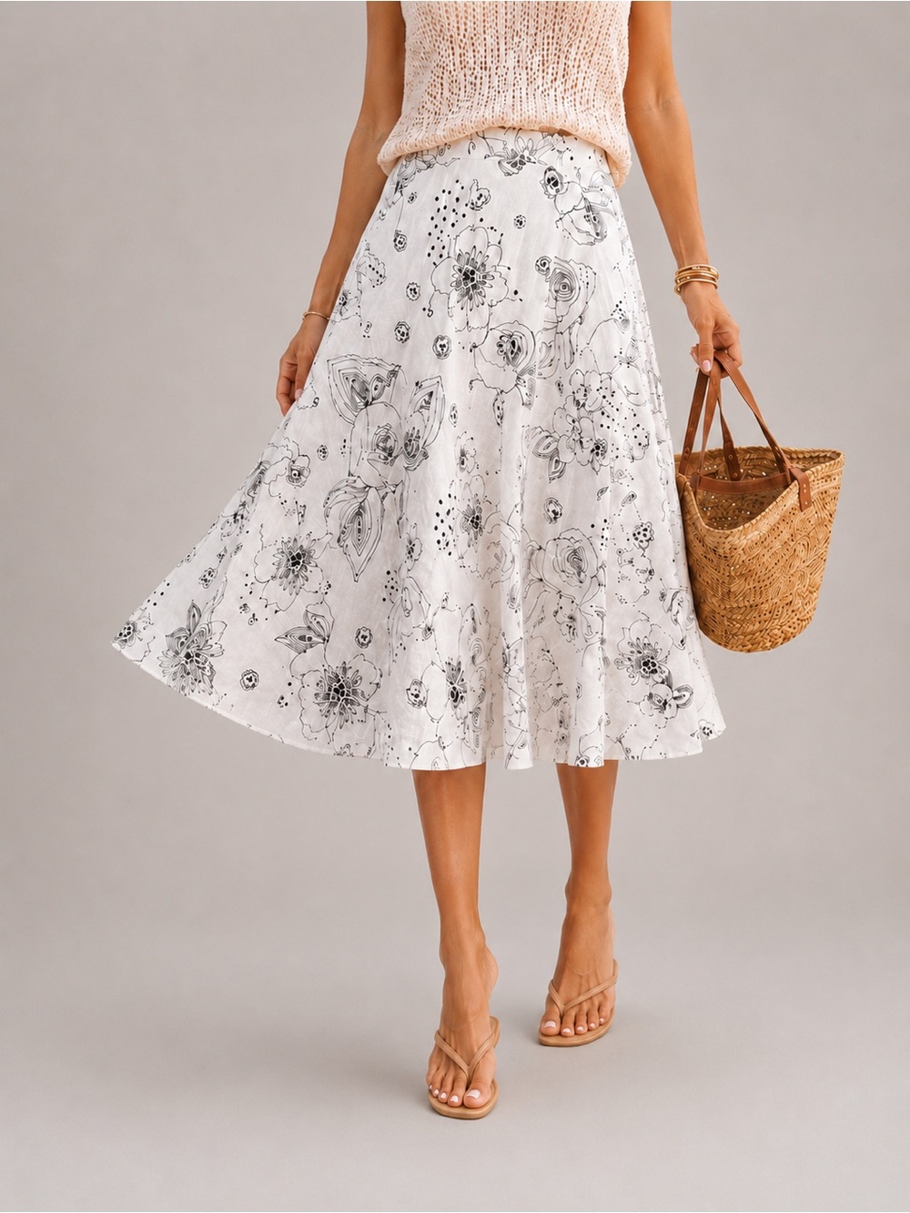 Anne Klein 100% Linen Floral Bead Stitch Detail Midi Lined Skirt Sz 8